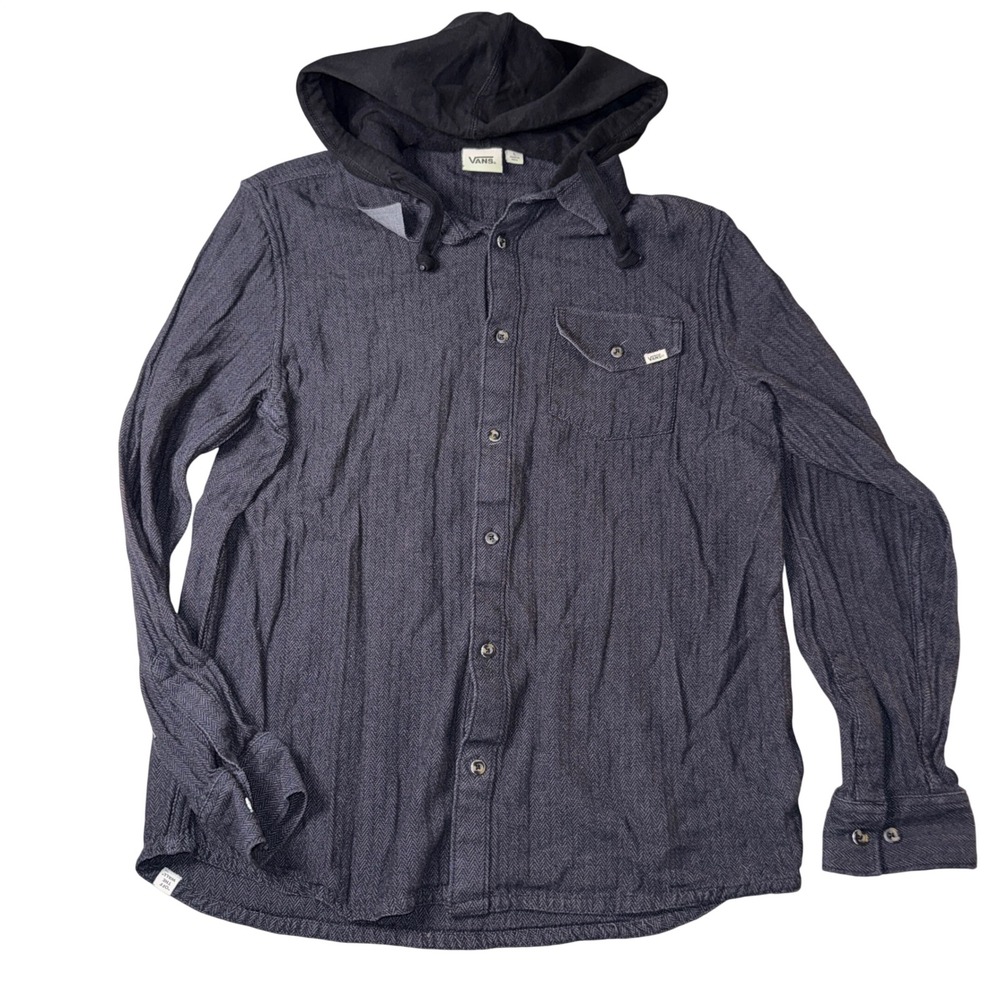 Vans Mens Hooded Button Down Shirt Herringbone Grey Black Off The Wall Large‎